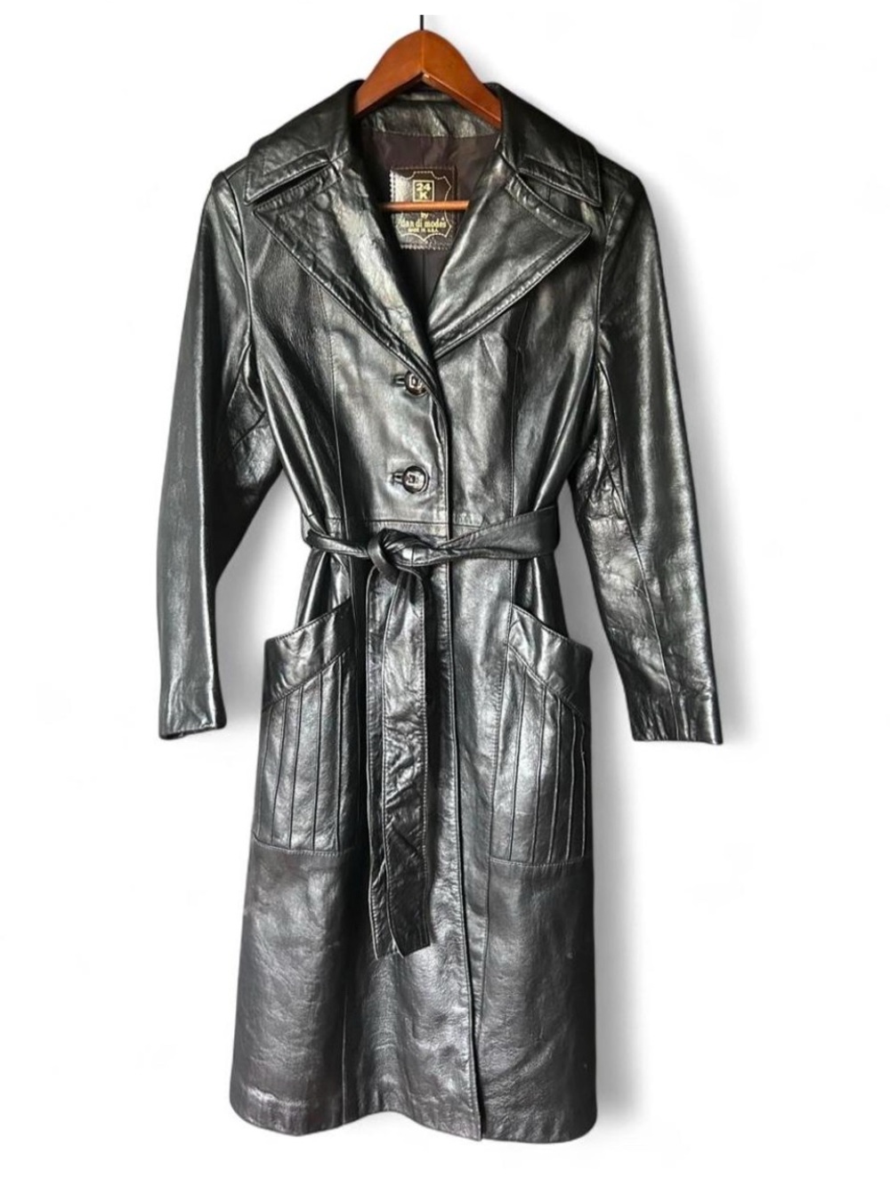 Vintage 70s Long Black Leather Trench Coat with Belt